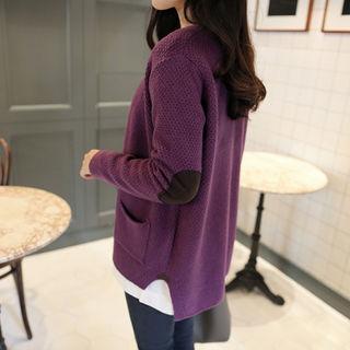 Elbow-patch Wool Blend Waffle-knit Cardigan