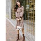 Velvet-collar Plaid Midi Shirtdress With Belt Brown - One Size