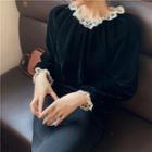 Lace Trim Long-sleeve Velvet Blouse Black - One Size