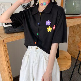 Short-sleeve Flower Print Buttoned T-shirt