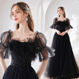 Puff-sleeve Fringed Sequined A-line Evening Gown