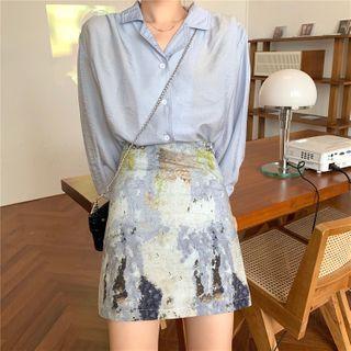 Long-sleeve Plain Shirt / Printed A-line Mini Skirt