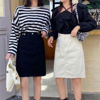 High-waist A-line Denim Midi Skirt