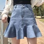Ruffled Hem Denim Mini A-line Skirt