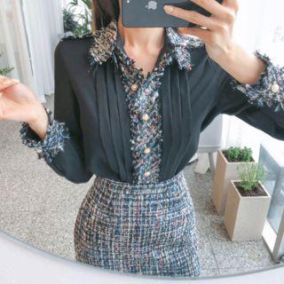 Set: Pintuck Crepe Shirt + Tweed A-line Miniskirt