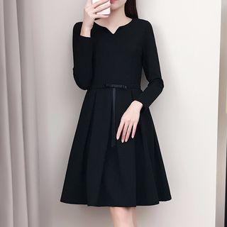 Plain Split-neck Long-sleeve Dress