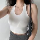 Cropped Plain Ribbed Halter Top