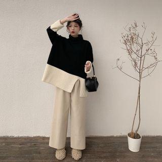 Two Tone Turtleneck Sweater / Wide-leg Pants