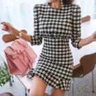 3/4-sleeve Check Wool Blend Sheath Dress