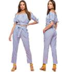 Set: Short-sleeve Striped Blouse + Straight-leg Pants