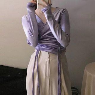 Long-sleeve Drawstring Velvet Cropped Top