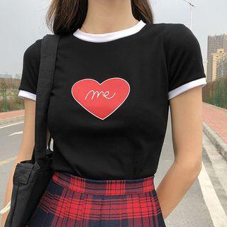 Heart Print Contrast Trim Short Sleeve T-shirt