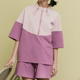 Set: Embroidered Elbow-sleeve Half-zip Top + Plain Shorts