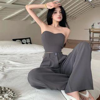 Plain Tube Top / High Waist Loose Fit Dress Pants / Set