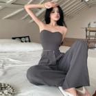 Plain Tube Top / High Waist Loose Fit Dress Pants / Set