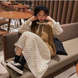 Puff-sleeve Dotted Crinkle Dress / Knit Vest