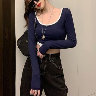 Long-sleeve Cropped T-shirt / Wide Leg Jeans