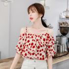 Elbow-sleeve Cold Shoulder Patterned Chiffon Top
