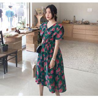 Wide-collared Short-sleeve Floral A-line Long Dress