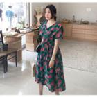Wide-collared Short-sleeve Floral A-line Long Dress