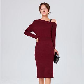 Off Shoulder Long-sleeve Sheath Knitted Dress