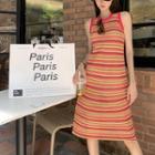 Sleeveless Striped A-line Dress Stripes - Green & Orange - One Size