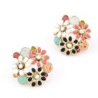 Flower Rhinestone Glaze Earring 1 Pair - White & Pink & Black - One Size