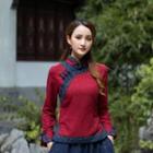Long-sleeve Frog-buttoned Stand Collar Top