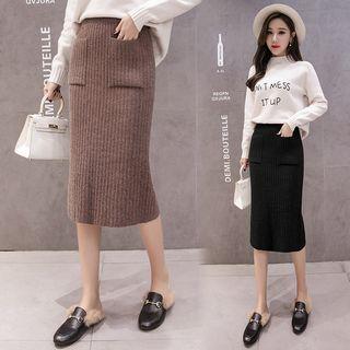 Pocketed Midi Ribbed Knit Skirt