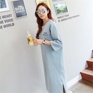 3/4-sleeve Printed-back Lettering Midi T-shirt Dress