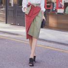 Wrap-front Two-tone Pencil Skirt
