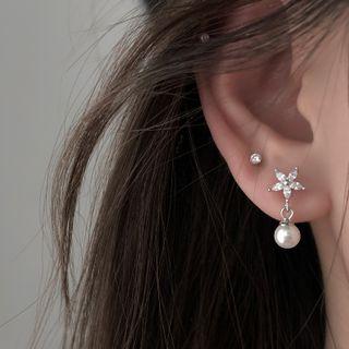 925 Sterling Silver Rhinestone Flower Faux Pearl Dangle Earring