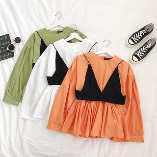 Set Of 2: Plain Long-sleeve Blouse + Camisole Top