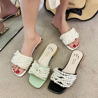 Faux Pearl Low-heel Slide Sandals