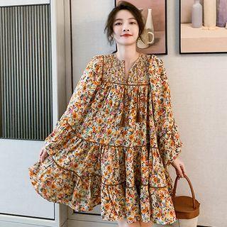 Long-sleeve Floral Print Mini Shift Dress