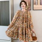 Long-sleeve Floral Print Mini Shift Dress