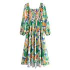 Long-sleeve Square Neck Print Midi A-line Dress