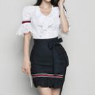 Set: Lace-panel Bow-accent Top + Skirt