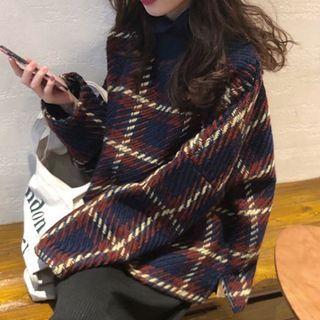 Set: Mock Turtleneck Plaid Sweater + Knit Midi Skirt