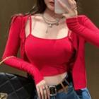 Set: Spaghetti Strap Crop Top + Cardigan Cardigan & Camisole - Red - One Size