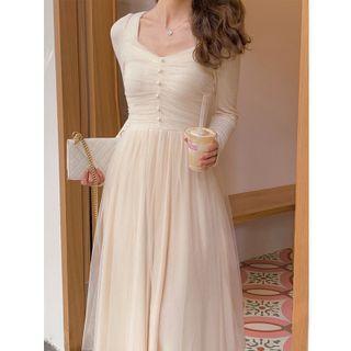 Long Sleeve Glitter Mesh Overlay Dress