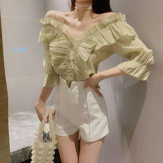 Bell-sleeve Ruffle Trim Blouse / Striped Shorts