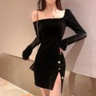 Plain Off-shoulder Velvet Slim-fit Side-slit Long-sleeve Dress
