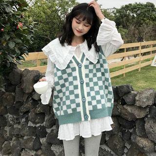 Bell-sleeve Blouse / Plaid Button Knit Vest