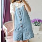 Cat Embroidered Buttoned Dungaree Shorts