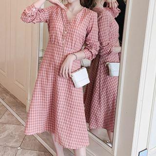 V-neck Long-sleeve Plaid Midi A-line Dress