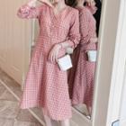 V-neck Long-sleeve Plaid Midi A-line Dress