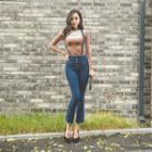 Fringe-hem Semi Boot-cut Suspender Jeans
