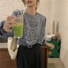 Puff-sleeve Round-neck Floral Top Blue - One Size