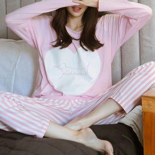 Loungewear Set: Heart Print Long-sleeve T-shirt + Striped Pants